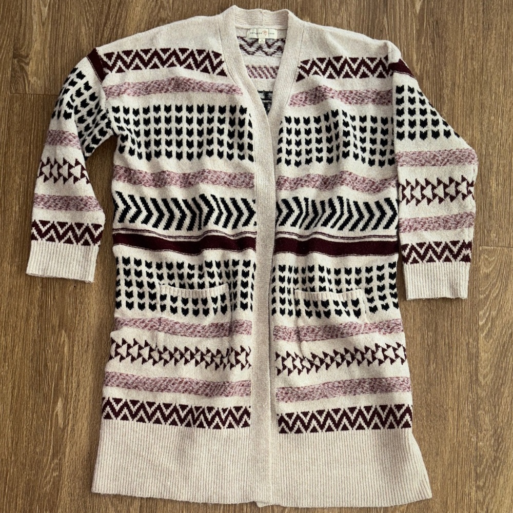 Patterned Cream Maroon and Black Women's Cardigan Sweater